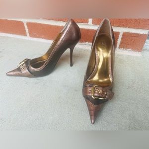 Bakers Coral Heels Golden Buckle Brown Show With Pointed Toe Embossed Crocodile